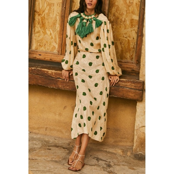 Johanna Ortiz Polka-Dot Green Long-Sleeve Midi Linda Dress